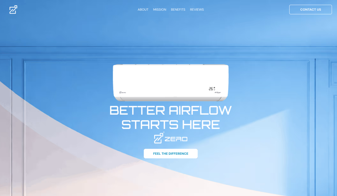 Captured homepage hero screenshot of Zero AC showing its airflow product hero and navigation