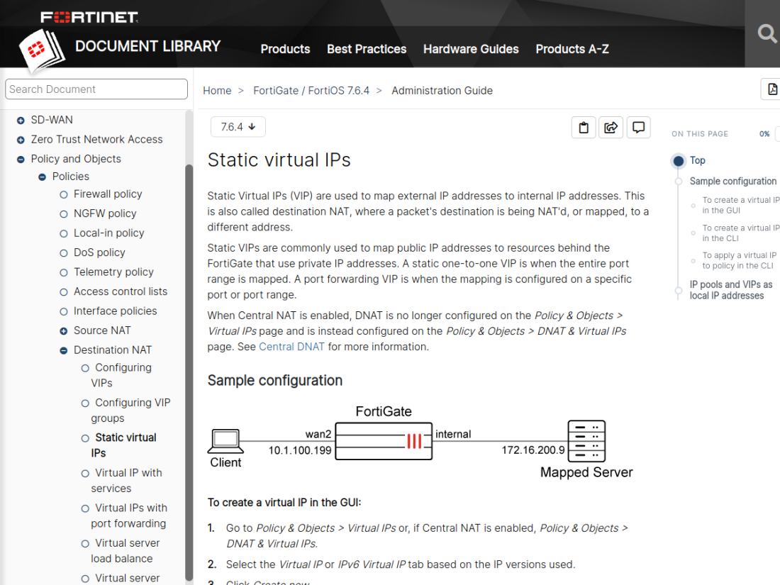 Exemplo oficial FortiGate de Virtual IP