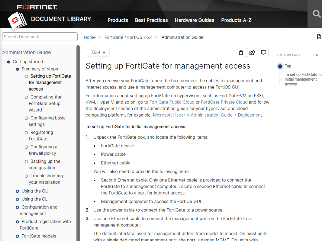 Documentação oficial Fortinet para acesso inicial ao FortiGate