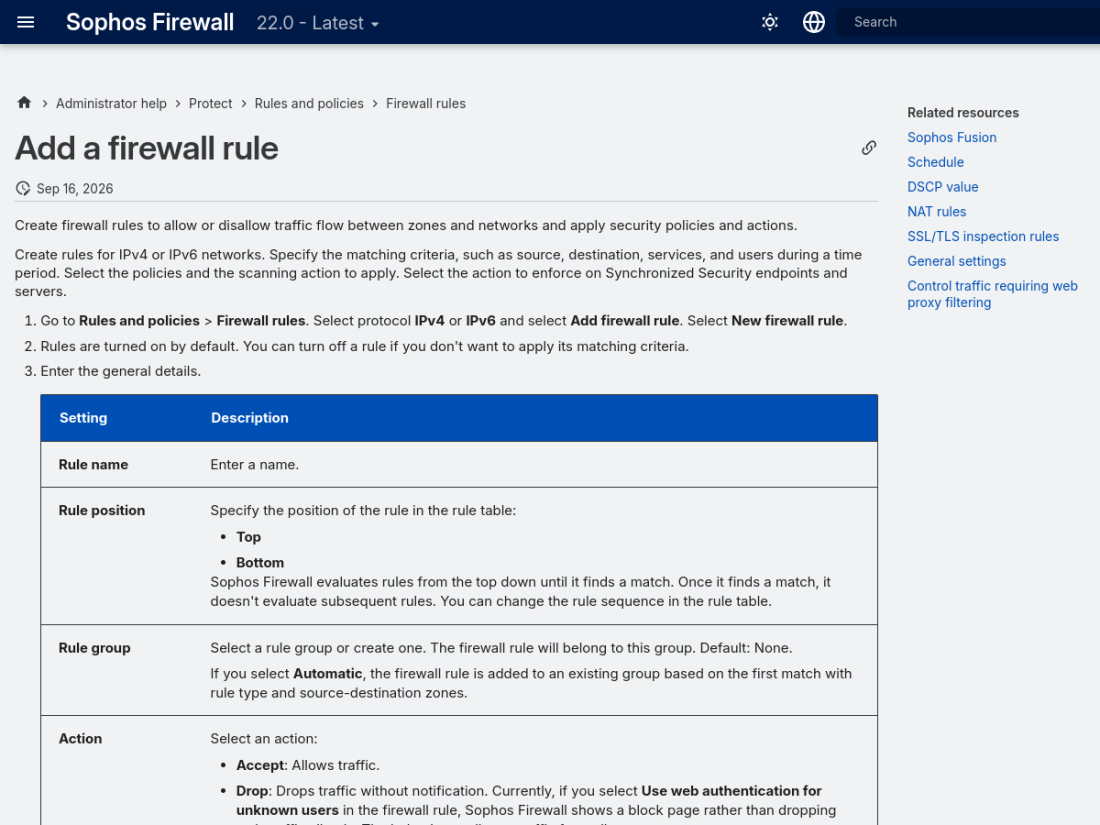 Tela oficial de criação de firewall rule no Sophos Firewall