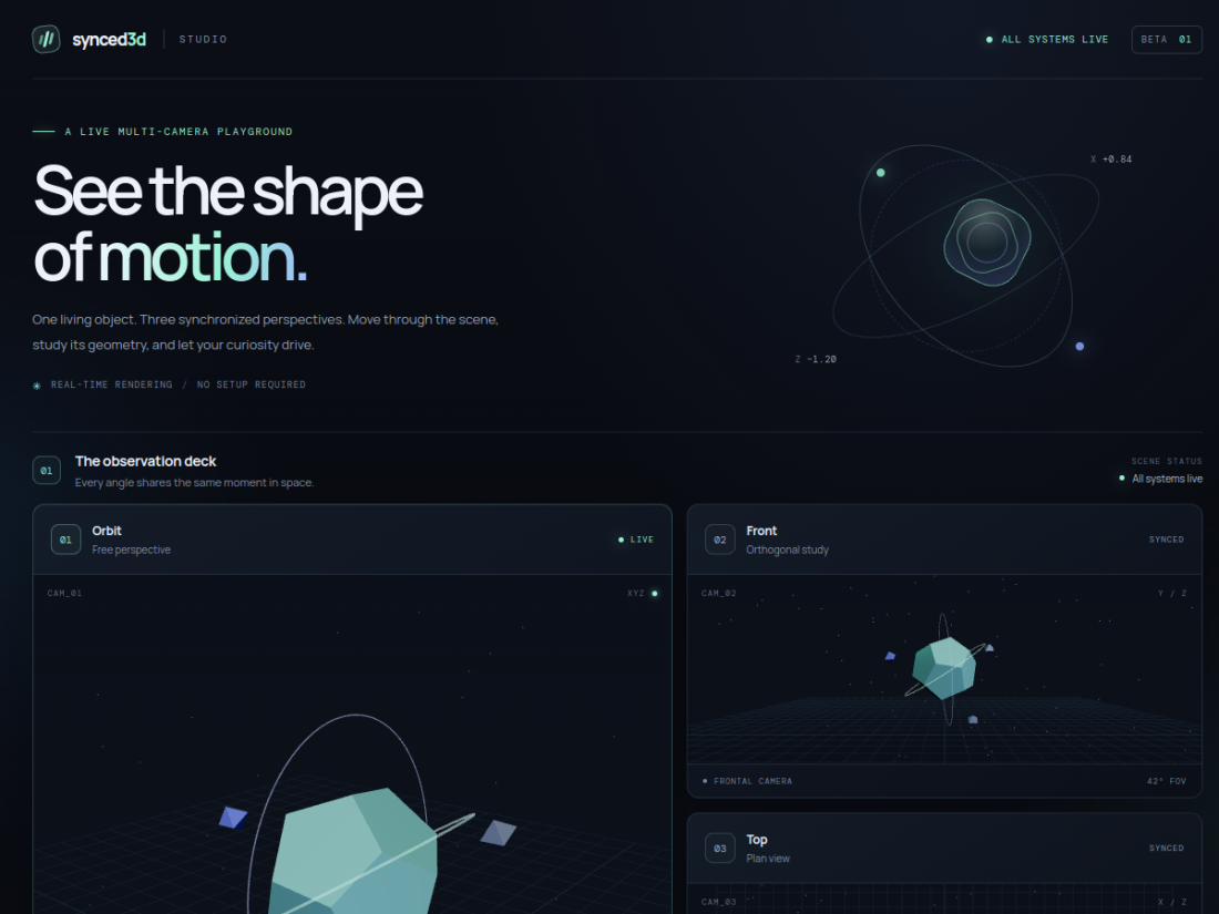 Live browser screenshot of the Synced 3D Multiview interactive graphics project
