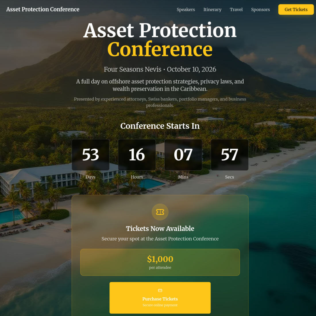 Asset Protection Conference event website with countdown timer and ticket call to action built by Hunter Scales