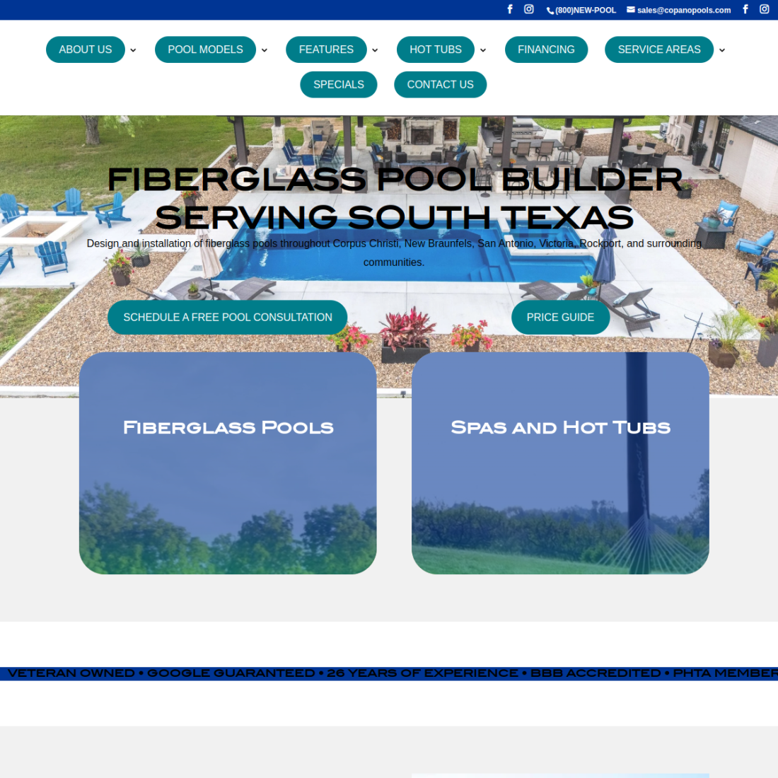 Copano Pools and Spas desktop view