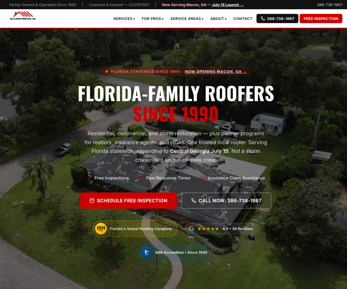 Gulledge Roofing Inc. website homepage