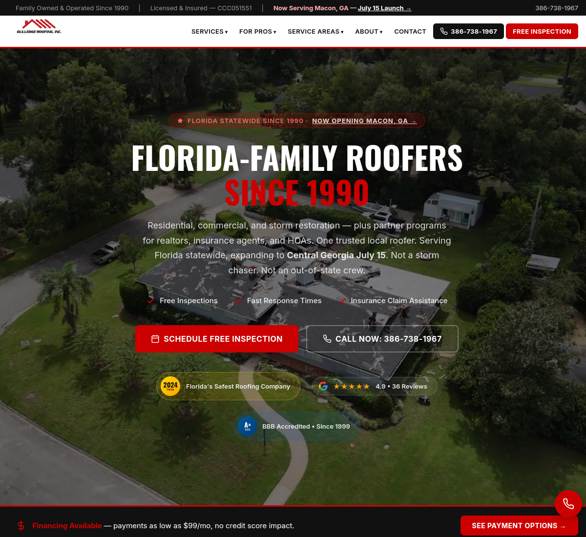 Gulledge Roofing Inc. website homepage