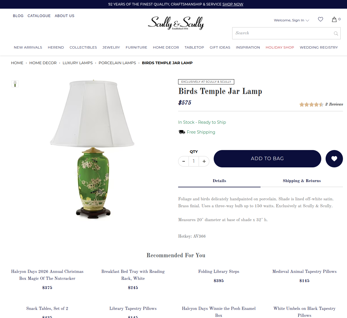 Scully & Scully Birds Temple Jar Lamp