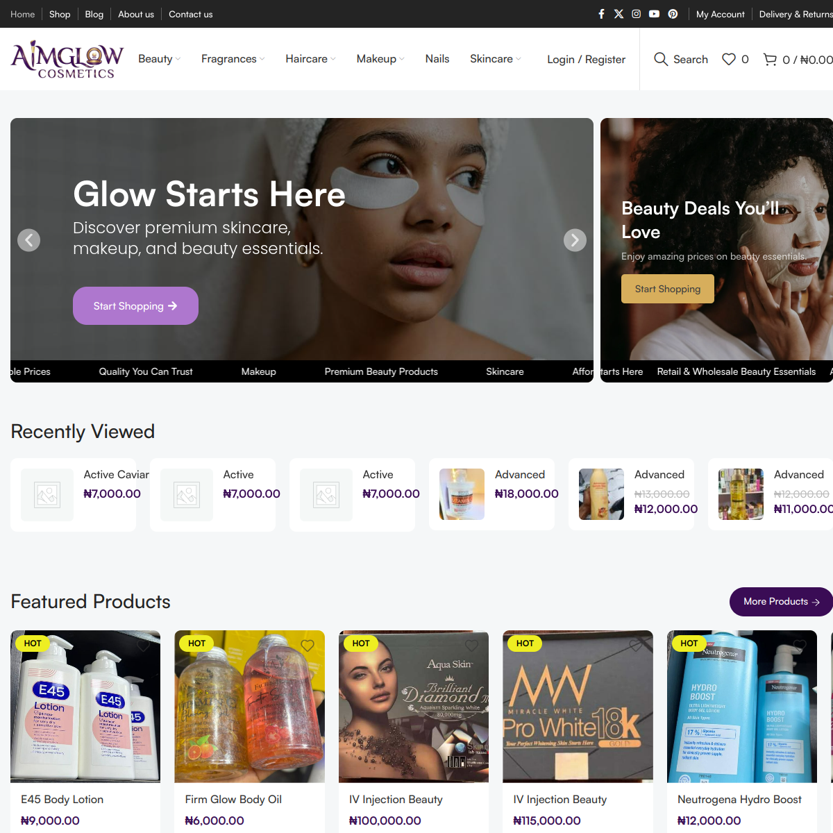 AIM Glow Cosmetics website screenshot