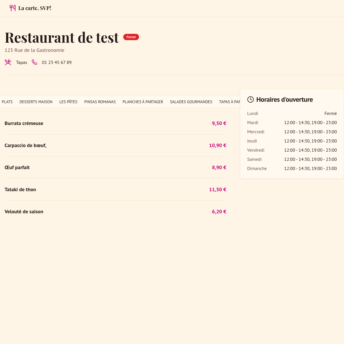 Aperçu d'une page de menu sur un ordinateur portable