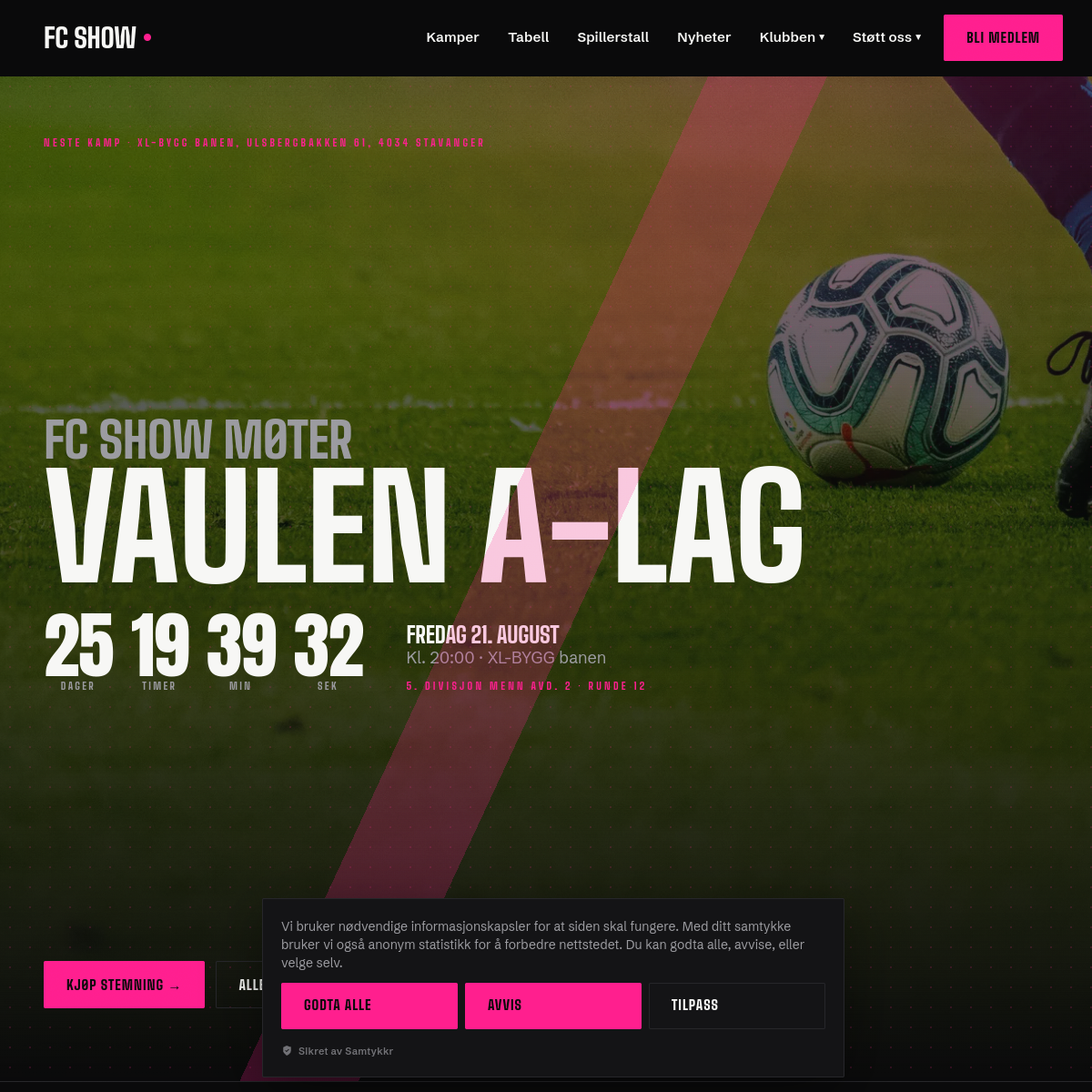 Skjermbilde av FC Show forside, en klubbside laget i Kampform