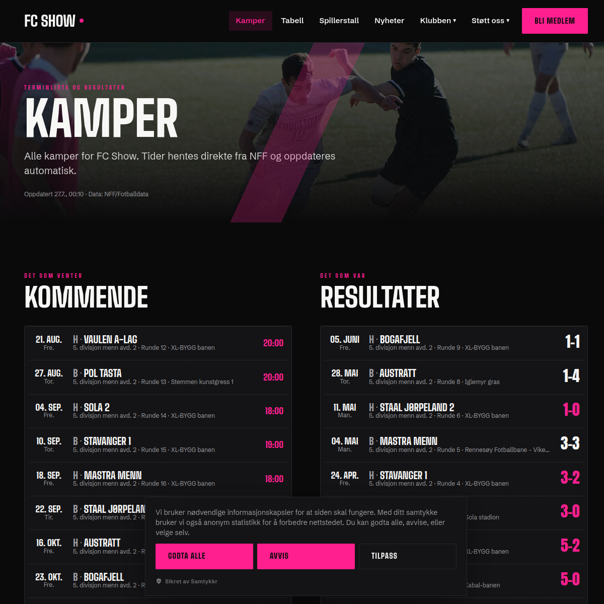 Skjermbilde av Kampside, en klubbside laget i Kampform