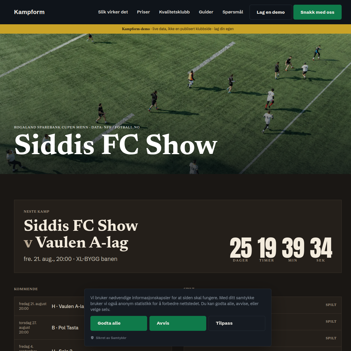 Skjermbilde av Demo i Arv-preset, en klubbside laget i Kampform