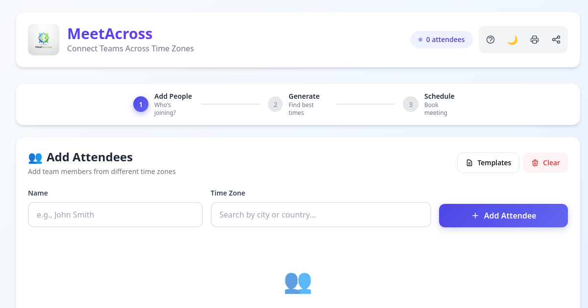 MeetAcross timezone scheduling interface