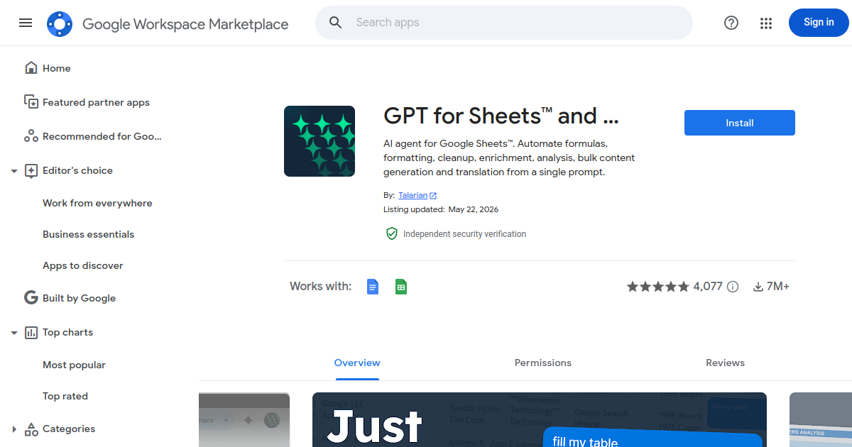 GPT for Sheets and Docs screenshot