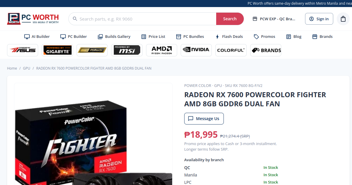 RADEON RX 7600 POWERCOLOR FIGHTER AMD 8GB GDDR6 DUAL FAN | PC Worth
