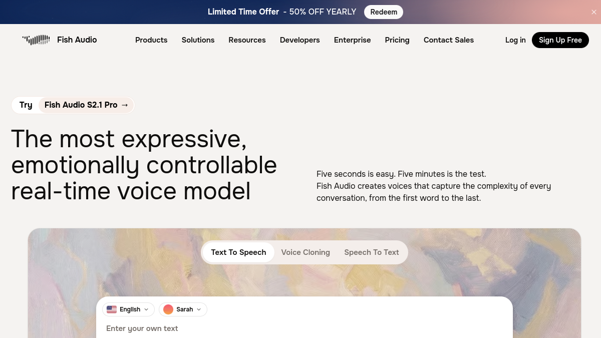 Capture of Fish Audio homepage in 2026
