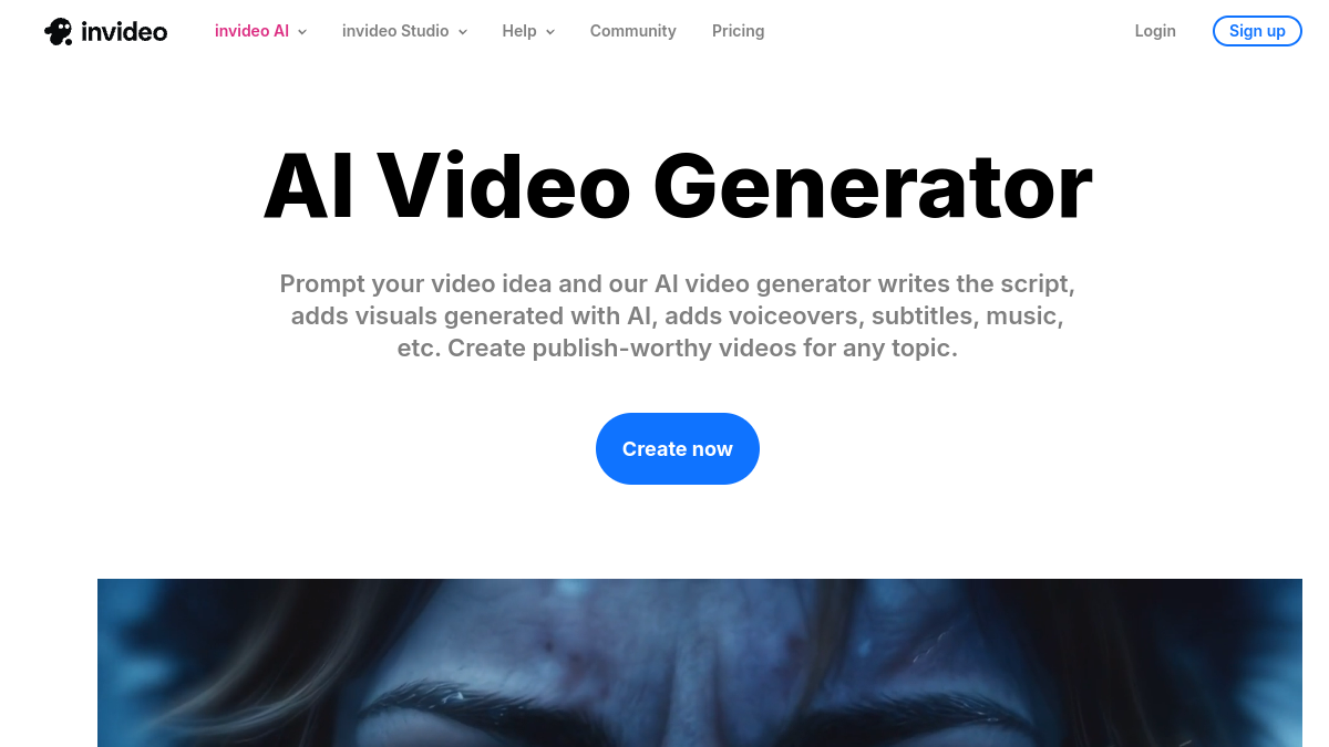 Capture d'écran de la page d'accueil de InVideo AI en 2026