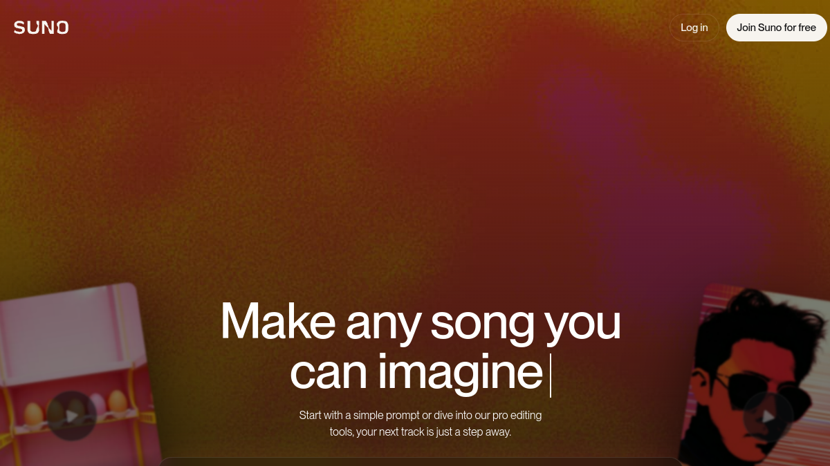 Interface de Suno, générateur de musique AI pour créer des chansons à partir d'un texte