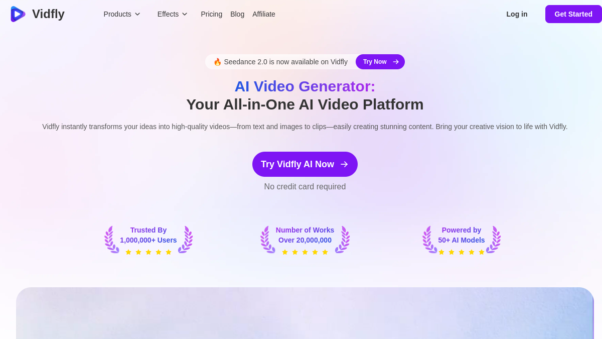 Capture d'écran de la page d'accueil de Vidfly AI en 2026