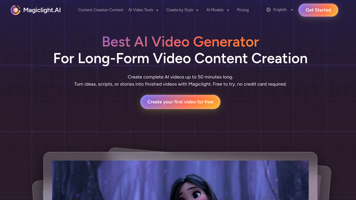 Capture d'écran de la page d'accueil de MagicLight AI en 2026