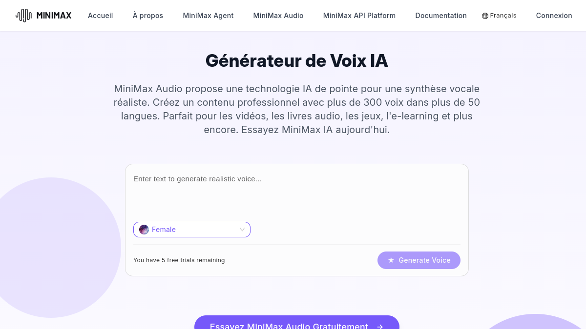 Capture de la page d'accueil de MiniMax Audio en 2026