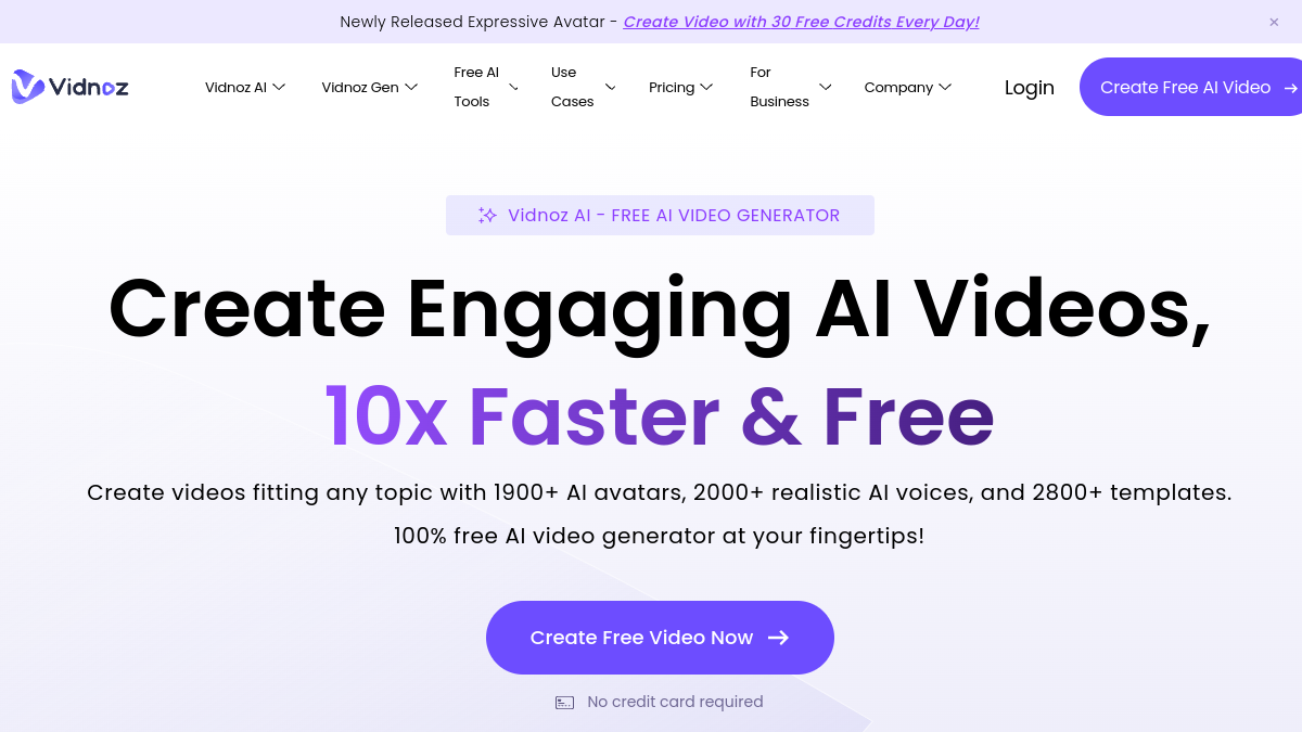 Capture d'écran de la page d'accueil de Vidnoz AI en 2026