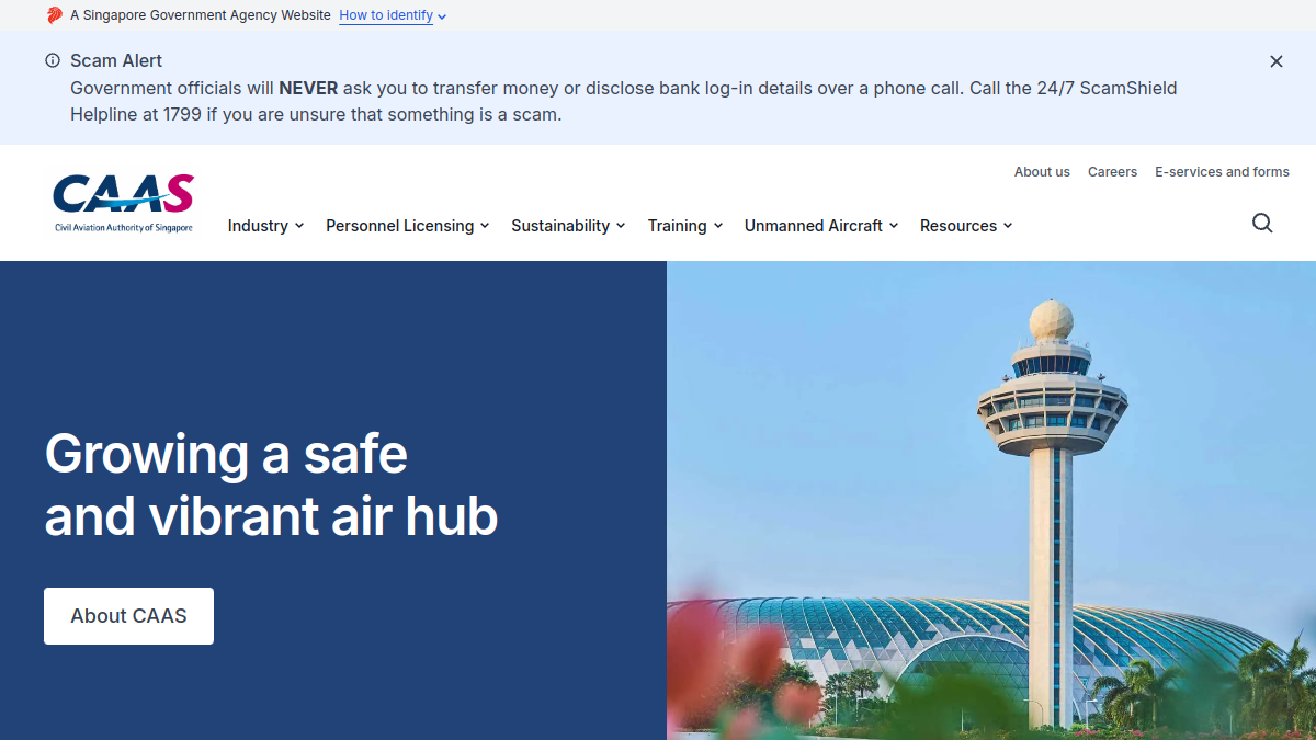 Current screenshot of www.caas.gov.sg