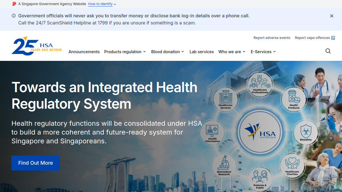 Current screenshot of www.hsa.gov.sg