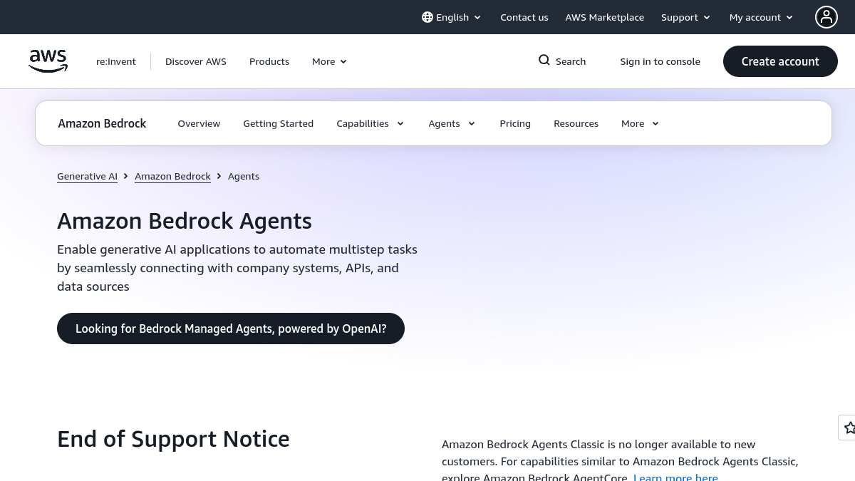 Amazon Bedrock Agents ana sayfa görünümü