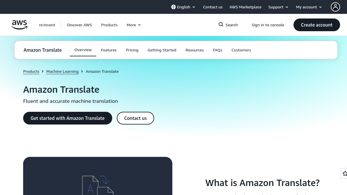 Amazon Translate ana sayfa görünümü