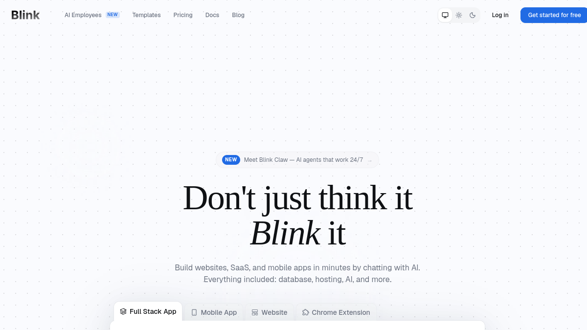 Blink AI App Builder — Live product homepage preview
