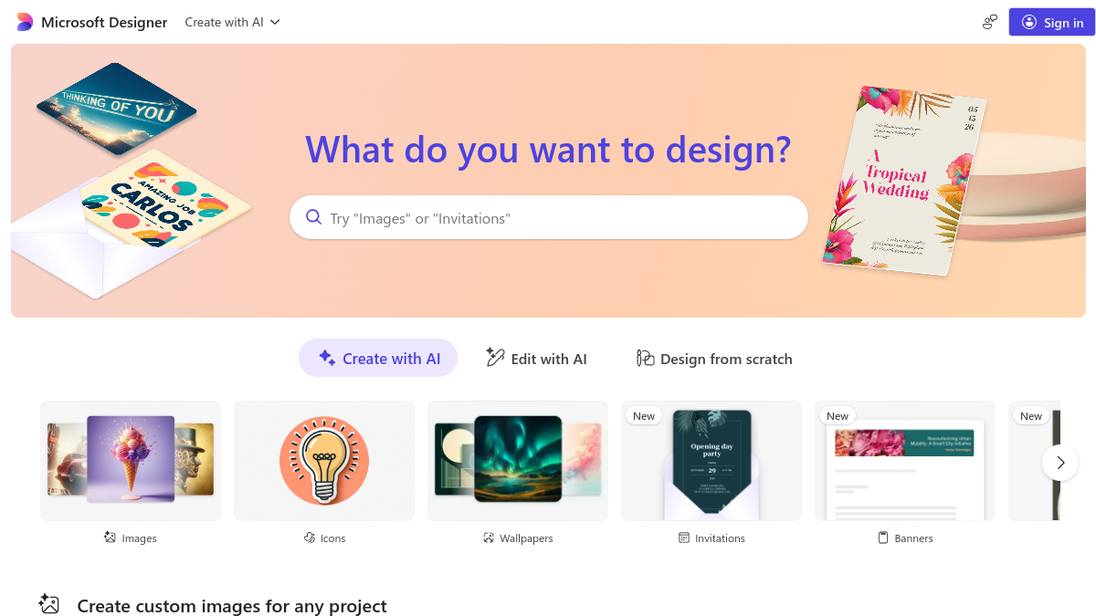 Microsoft Designer ana sayfa görünümü