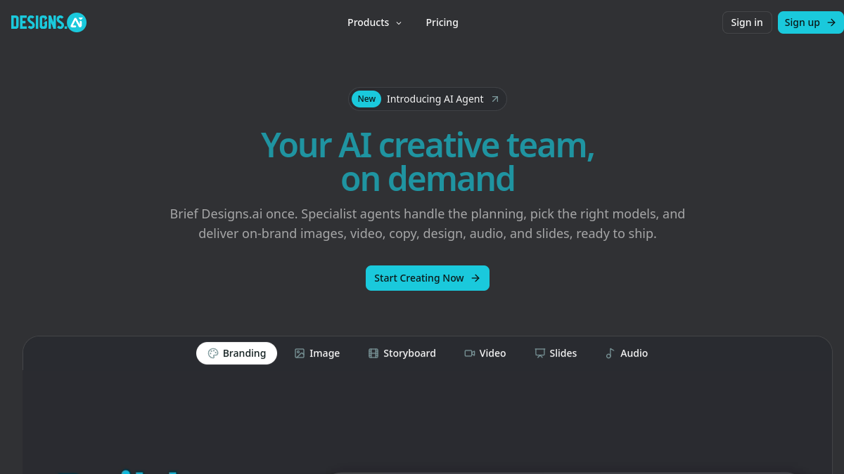 Designs.ai ana sayfa görünümü