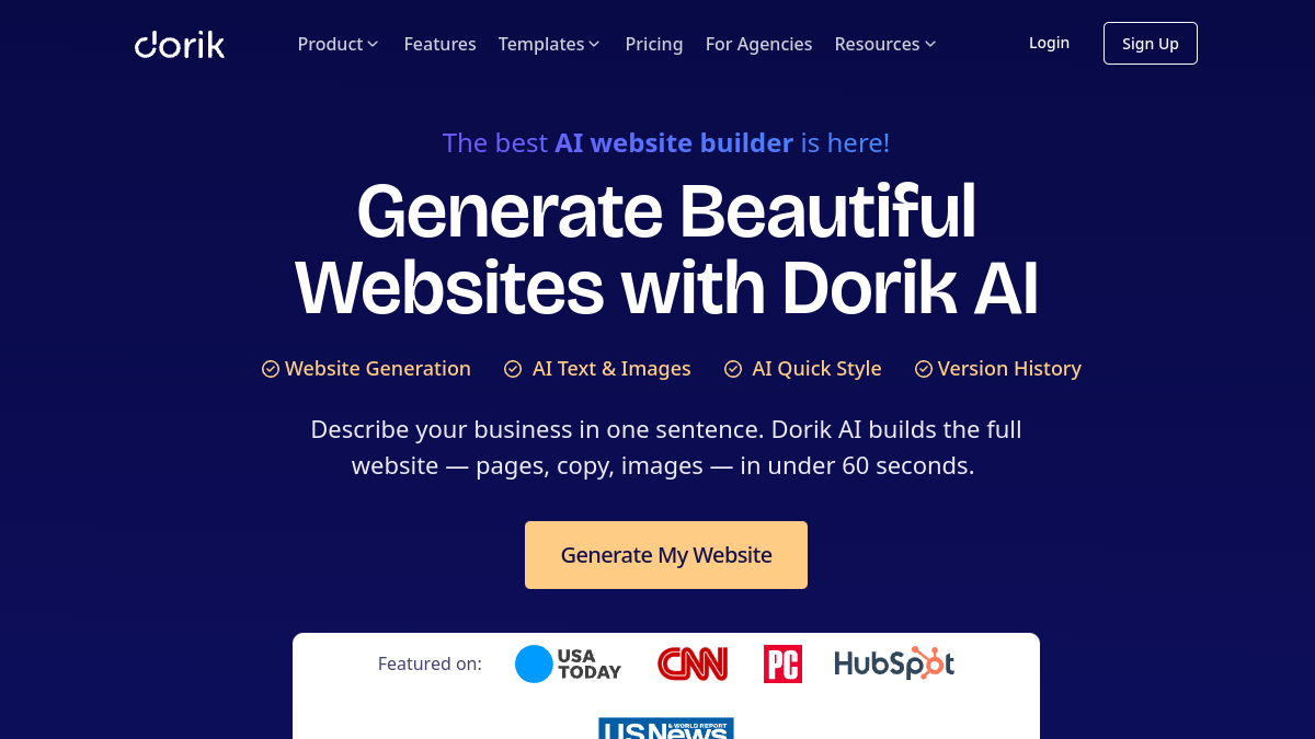 Dorik AI Website Builder — Live product homepage preview