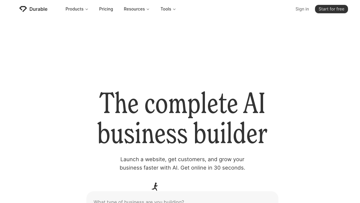Durable — Live product homepage preview