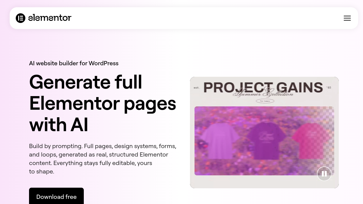 Elementor AI — Live product homepage preview