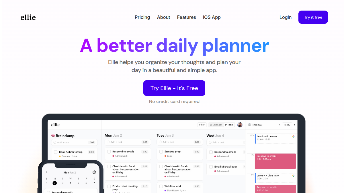 Ellie Planner ana sayfa görünümü