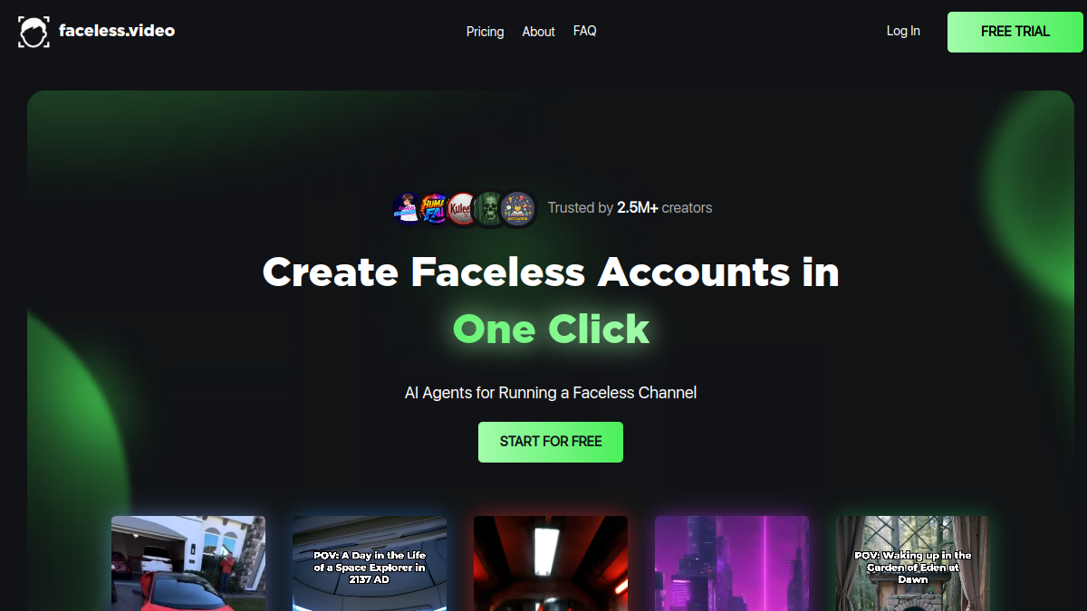 Faceless.video ana sayfa görünümü