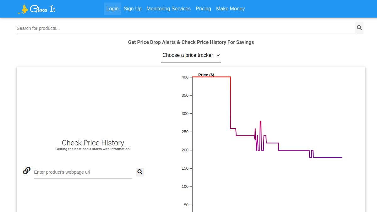 Glass It Price Tracker ana sayfa görünümü