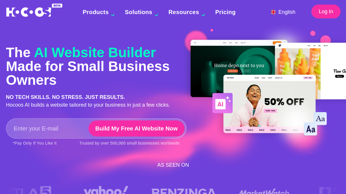 Hocoos AI Website Builder — Live product homepage preview