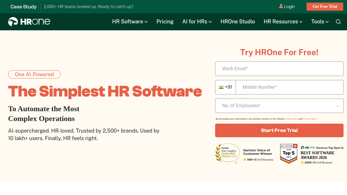 HROne homepage screenshot