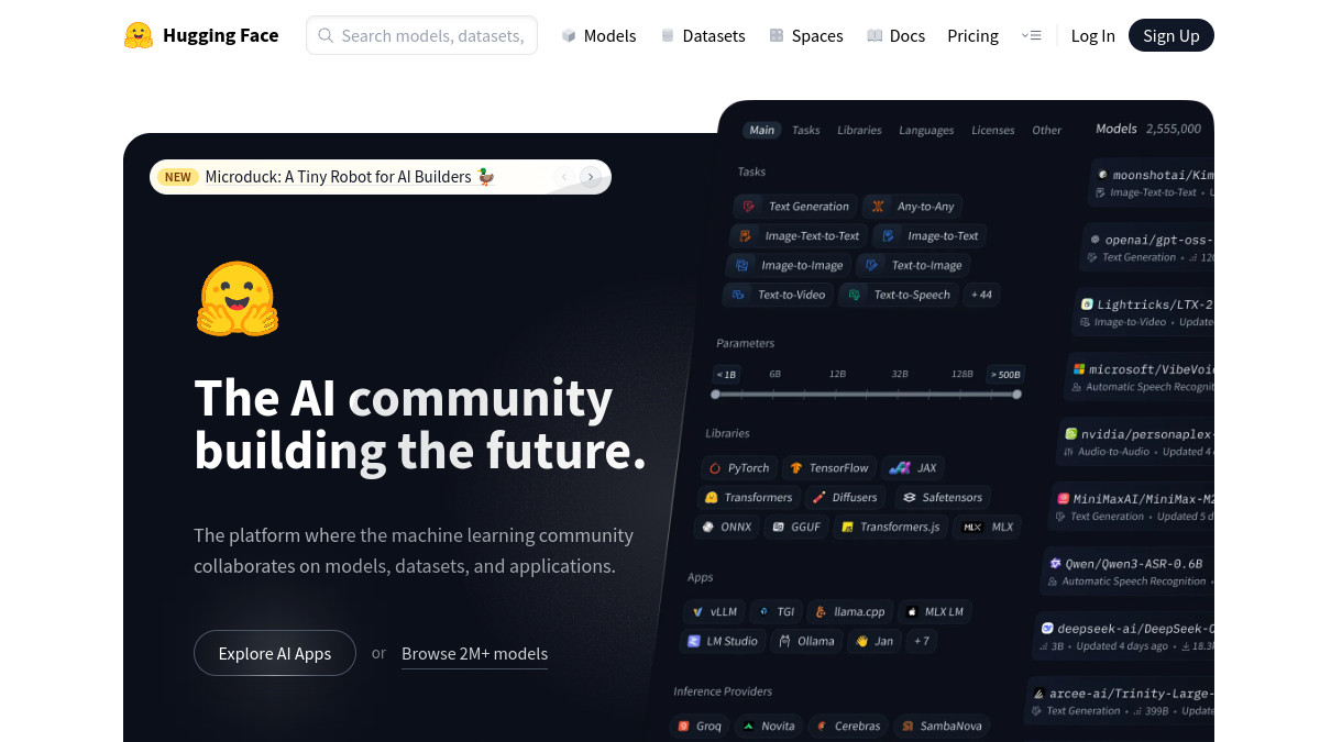 Hugging Face ana sayfa görünümü