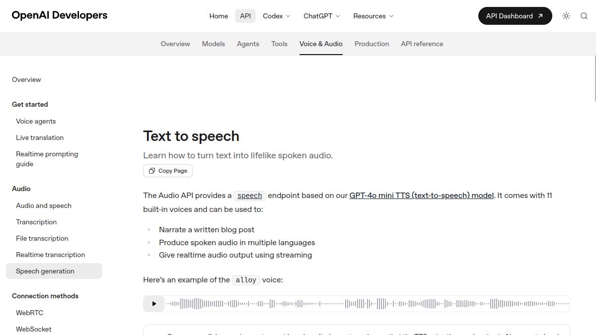OpenAI Text to Speech ana sayfa görünümü