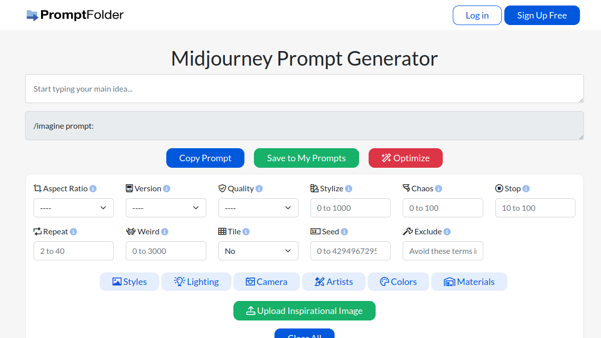 Midjourney Prompt Helper ana sayfa görünümü