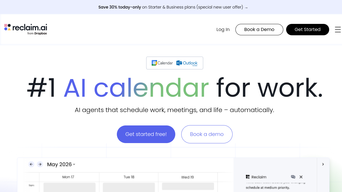 Reclaim AI ana sayfa görünümü