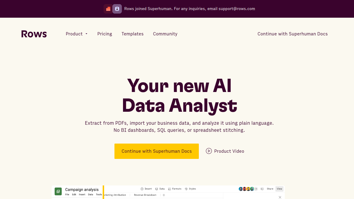 Rows AI ana sayfa görünümü