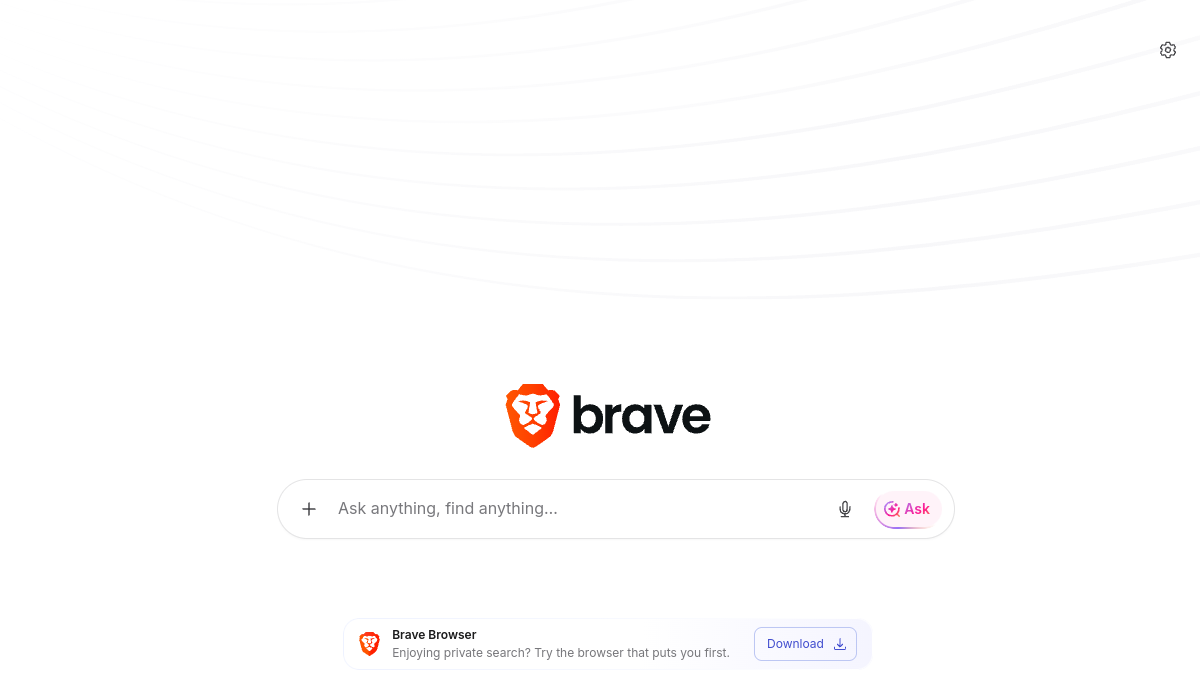 Brave Search ana sayfa görünümü