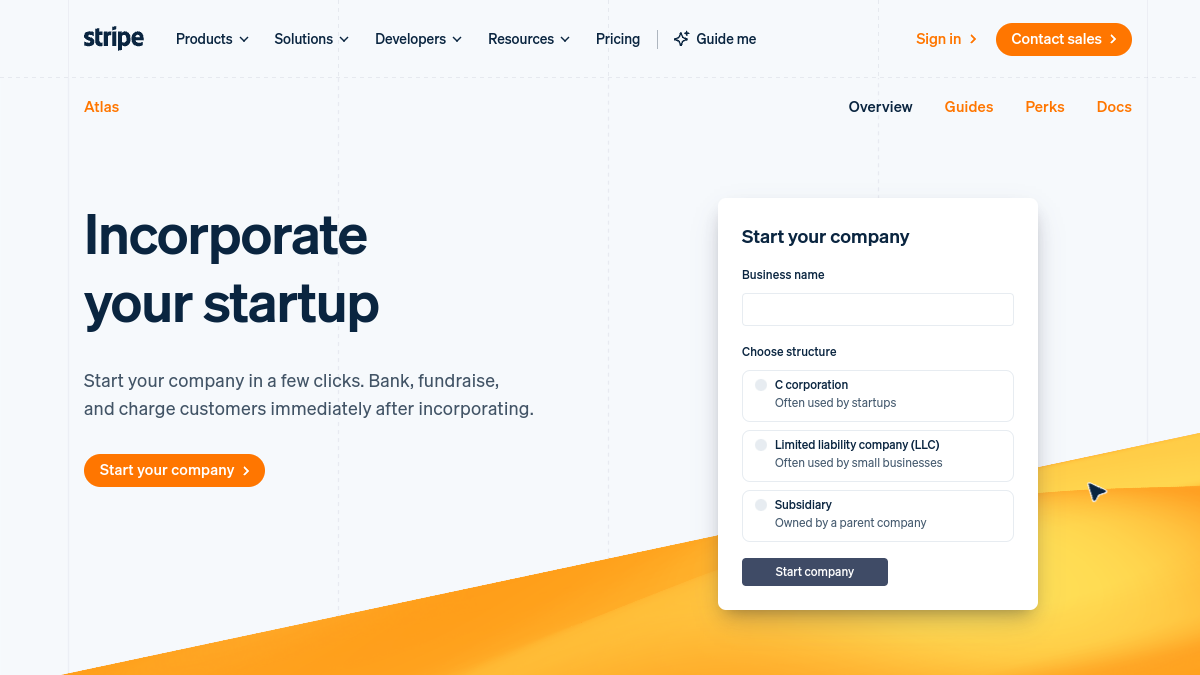 Stripe Atlas ana sayfa görünümü