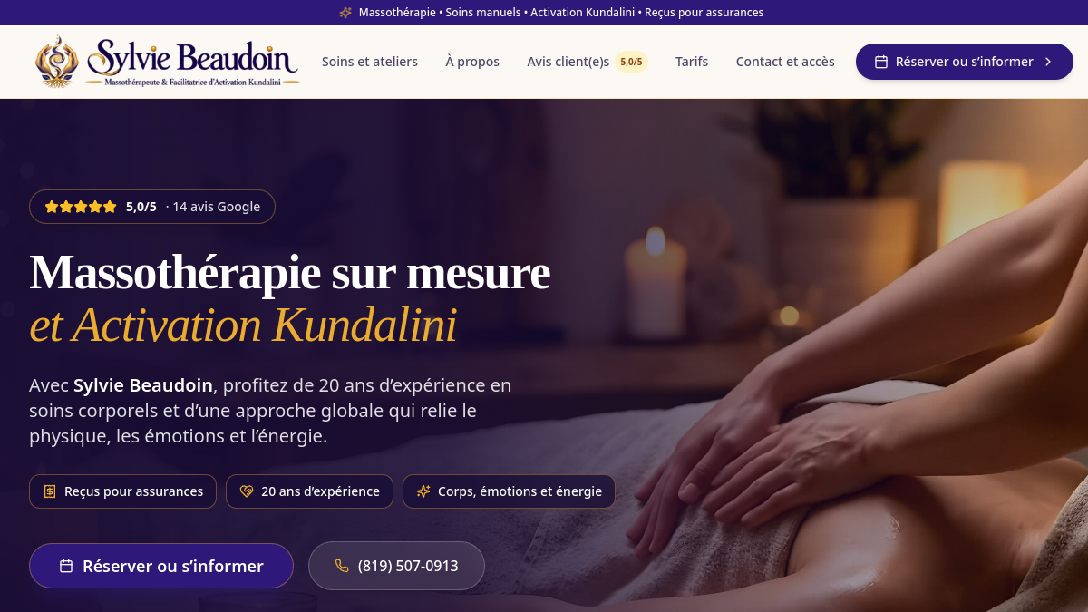 Capture de la page d'accueil de Sylvie Beaudoin Massothérapie