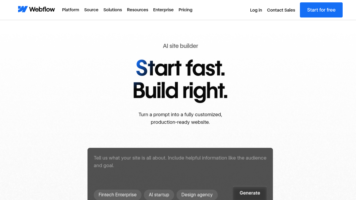 Webflow AI Site Builder — Live product homepage preview