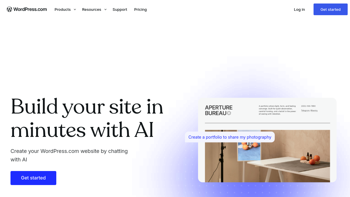 WordPress.com AI Website Builder — Live product homepage preview